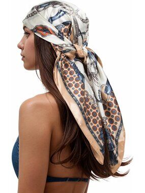 Women's Beige Printed Square Scarf Bandanas Hair Scarf 35 Inches